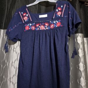 Navy Blue Embroidered Top with Tassels